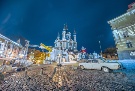 Kyiv, Ukraine, September 8, 2018. Old Soviet car Volga parked near St. Andrew's Churchのeditorial素材