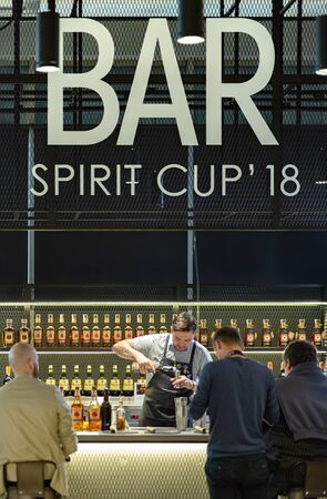 Kyiv, Ukraine, October 19, 2018. Barman preparing a cocktail on Bar Spirit Cup '18 international bar...