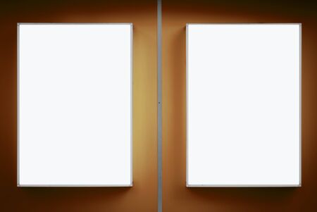 Two empty lightboxes on the wall. Background for mock-upの写真素材
