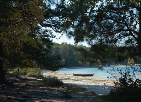 Old wooden boat moored on the lake shore.の写真素材