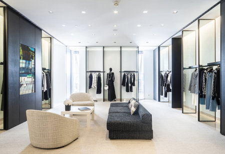 Kyiv, Ukraine, July 28, 2018. Interior of Chanel Boutique - luxury high fashion showroom. Hall of sale exposition.のeditorial素材