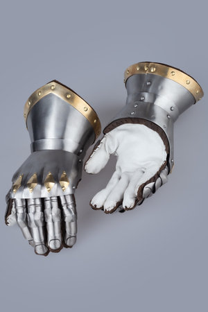 Pair of Medieval Steel and Brass Gothic Gauntletsの写真素材