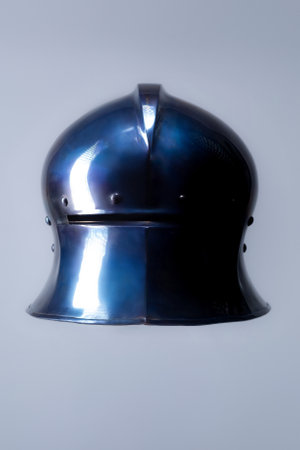 Polished Steel Sallet Helmet. Sleek medieval head protection with elongated rear.の写真素材