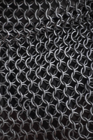 Detailed Close-Up of Flexible Medieval Chainmail. Intricate pattern of interwoven metal rings forming a resilient protective garment.の写真素材