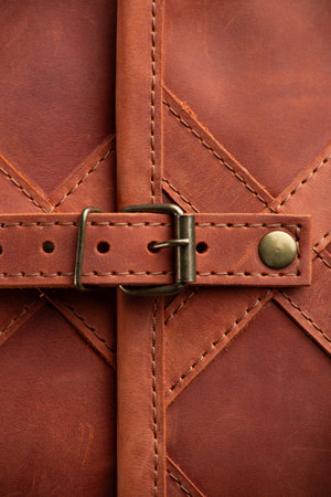 Close-Up of Leather Armor Buckles. Detailed view of medieval vest straps and metal studs.