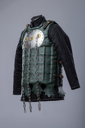 Green Brigandine Armor with Chains. Medieval torso protection featuring metal plates and hanging chains.の写真素材