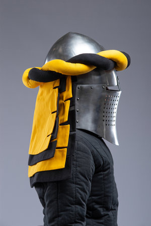 Great Helm with Wrapped Cloth. Medieval knight's helmet fully enclosing the head, with decorative fabric wrap.の写真素材