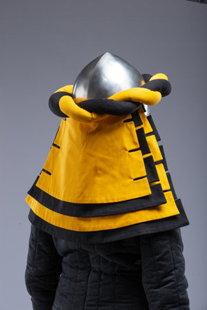Great Helm with Wrapped Cloth. Medieval knight's helmet fully enclosing the head, with decorative fabric wrap.の写真素材