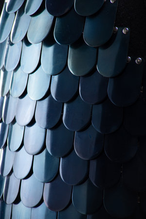 Close-up of Byzantine Lamellar Armor Scales. Detailed view of overlapping metal plates on medieval scale armor.の写真素材