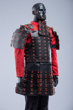 Black and Red Leather Armor Set on Mannequin. Full medieval warrior outfit with detailed stitching and metal accents.の写真素材