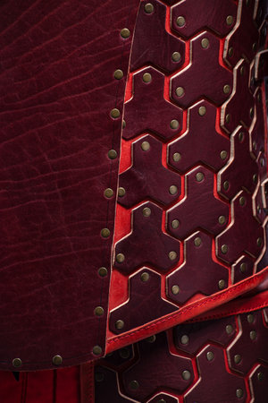 Close-up of Brown Leather Fantasy Armor Plates. Detailed view of the intricate leather plates and rivet construction.の写真素材