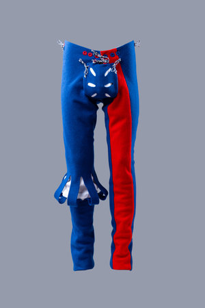 Colorful Medieval Wool Hose with Unique Design. Eye-catching legwear featuring vibrant blue and red sections with decorative details.の写真素材