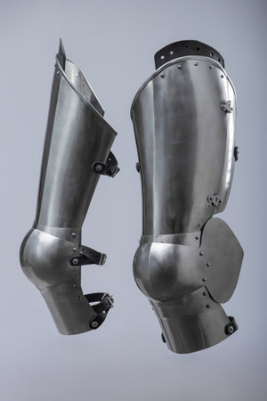 Steel Plate Leg Armor for Medieval Knight. Full leg protection with articulated segments from knee to ankle.の写真素材