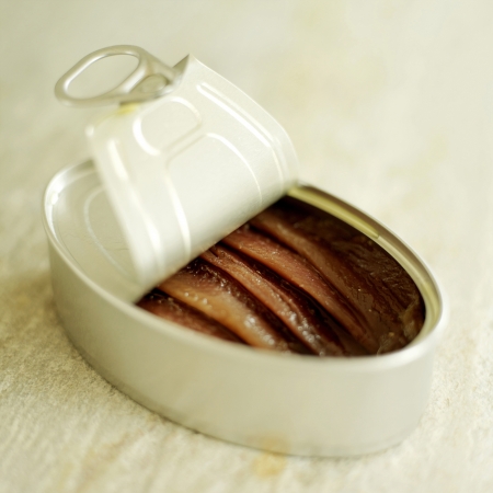 Tin of anchovies on rough marble with lid peeled back