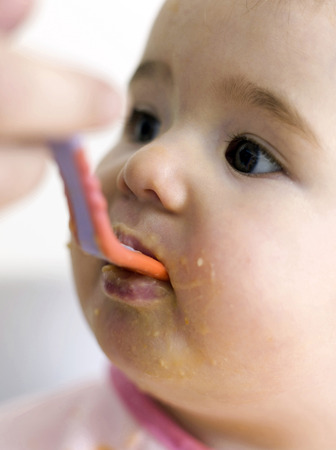 Baby being fed with baby foodの写真素材