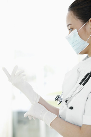 Female doctor wearing surgical glovesの写真素材