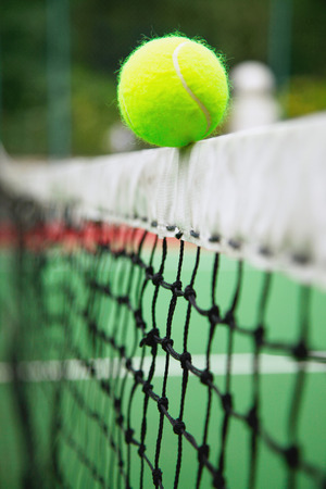 Tennis ball on tennis netの写真素材