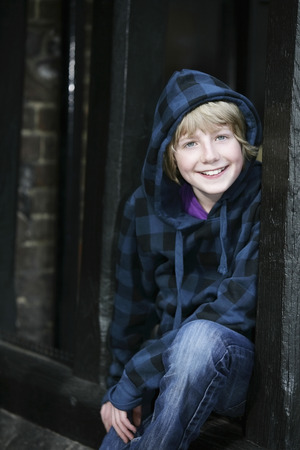 Boy in hooded jacketの写真素材