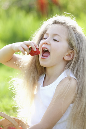 Girl eating a strawberryの写真素材