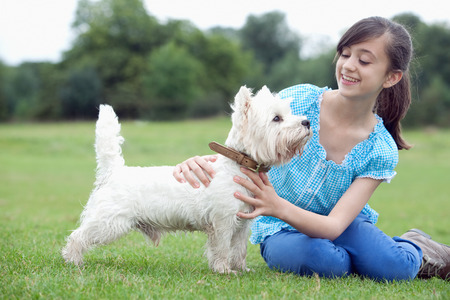 Girl playing with pet dogの写真素材