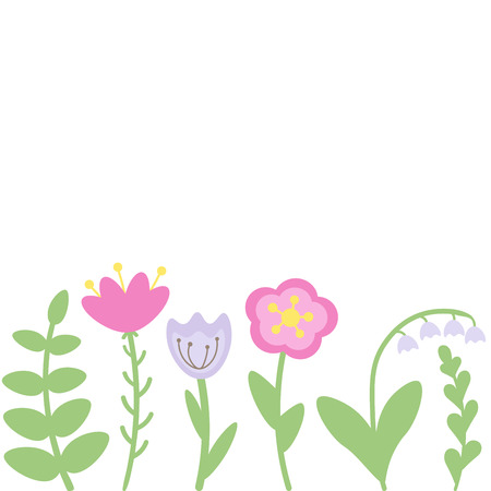 Simple style vector flowers and leaves in row. Isolated cute flowers on white background. Set of illustration for kids.のイラスト素材