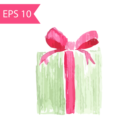 Wrapped gift with red ribbon. Watercolor vector illustration of gift isolated on white background.のイラスト素材