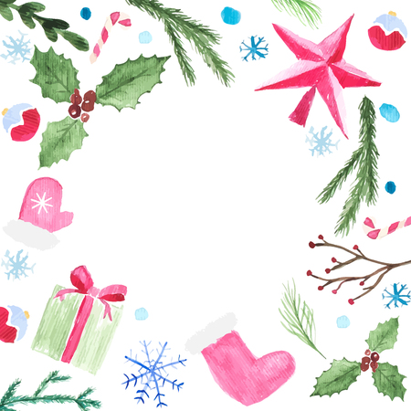 Christmas watercolor elements placed as frame. Vector illustration of christmas sock, star, fir branch, winter berries, Christmas tree toys, candy cane, wrapped gift, hollyのイラスト素材