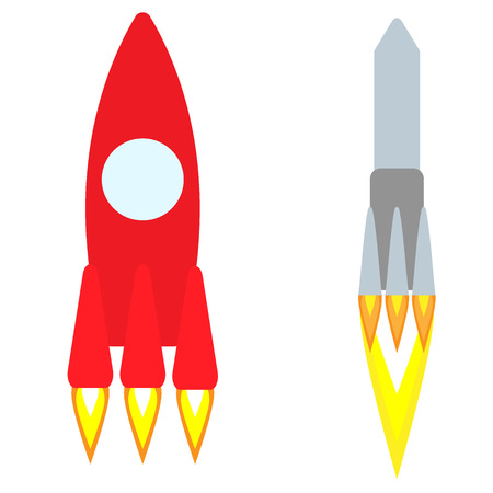 Two vector rockets on white background. Isolated flying spaceships.のイラスト素材