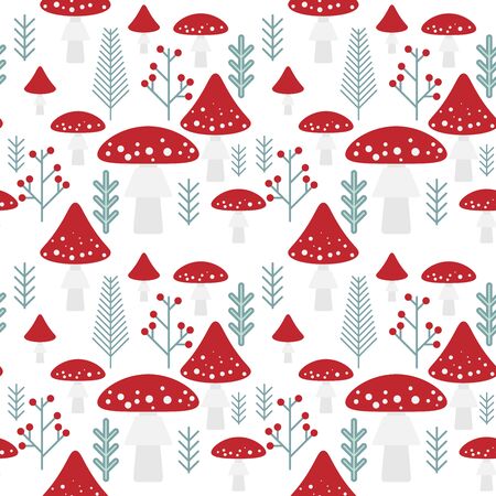 Vector pattern of fly agaric, fern and red berries on white background. Forest elements in flat style. Seamless pattern of simple shapes of mushrooms, berries and herbs.のイラスト素材