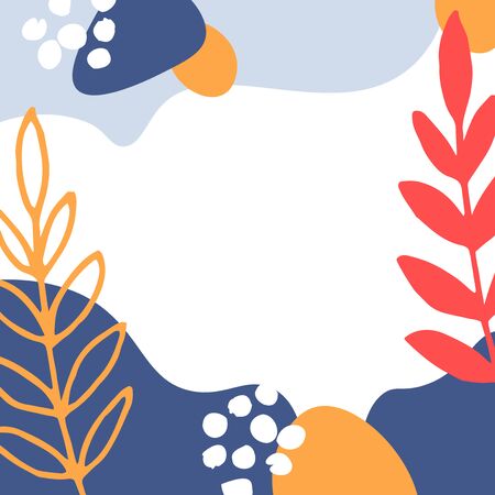 Abstract cute background of leaves, dots and simple shapes with free space in centerのイラスト素材