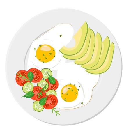 Top view plate with delicious healthy breakfast of fried eggs, avocado slices, fresh vegetable salad of tomatoes, cucumbers and arugula.のイラスト素材