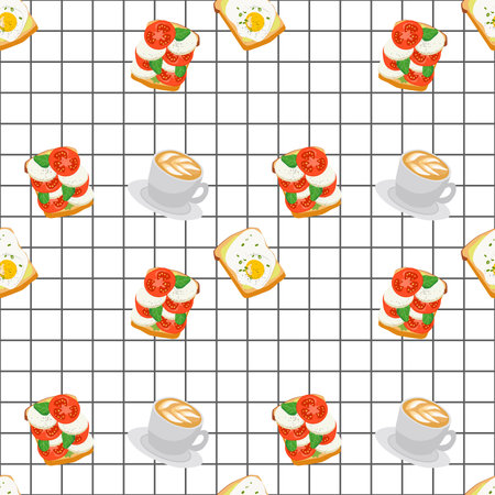 Healthy toast with avocado, egg and tomatoes next to cup of cappuccino on checkered background, healthy breakfast seamless vector pattern.のイラスト素材