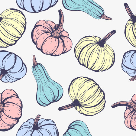 Pumpkins seamless pattern, hand-drawn vector illustration.のイラスト素材