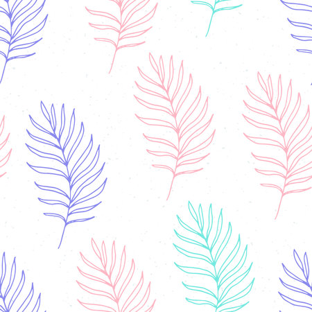 Seamless pattern of multi-colored contours of palm leaves on a white background, vector illustration.のイラスト素材
