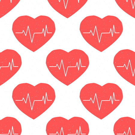 Heartbeat seamless vector pattern of red hearts with a cardiogram line inside.のイラスト素材