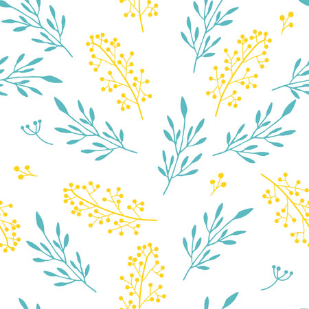 Floral pattern of yellow Mimosa flowers and green branches with leaves on white background, seamless vector illustration.のイラスト素材