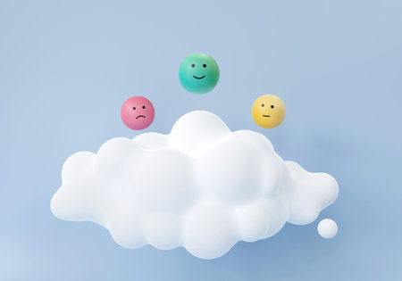 High user rating, green happy ball over cloud on blue background, customer feedback concept, good,...