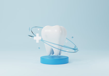 Healthy tooth, whitening and medical dental treatment in the clinic. Oral health care concept. 3D rendering, 3D illustrationの写真素材
