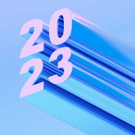 2023 New Year figures, glass holographic numbers on a blue background. 3D rendering, 3D illustration