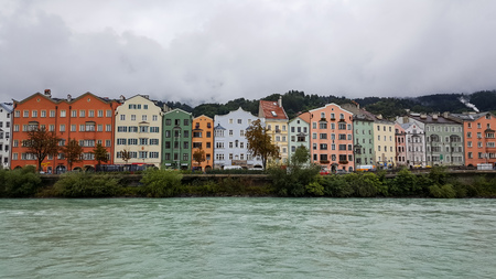 Innsbruck, Tirol / Austria - September 19 2017: Colored houses on the river bank of the Innのeditorial素材