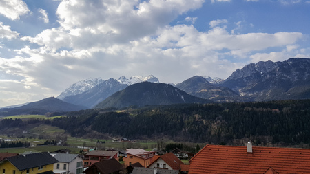 View on Dachstein Massiv mountains and glacier from a balcony in the small village of  Haus im...
