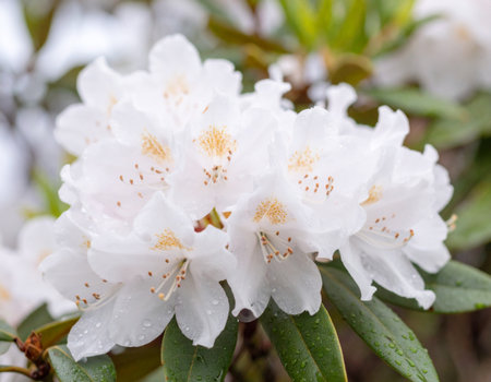 White rhododendron flowers with raindrops on petalsの素材