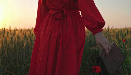A girl in a red dress on a wheat field at sunset.の素材