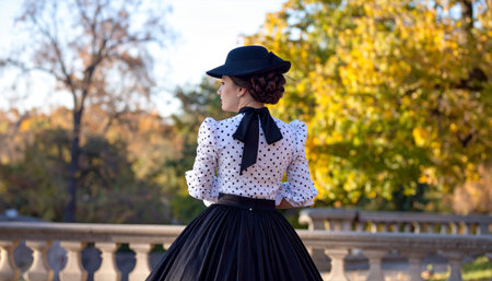 Beautiful young woman in black skirt and hat posing in autumn parkの素材