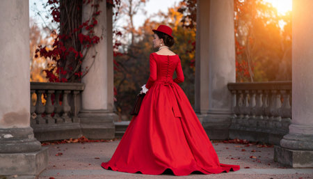 Beautiful woman in a long red dress in the autumn park.の素材