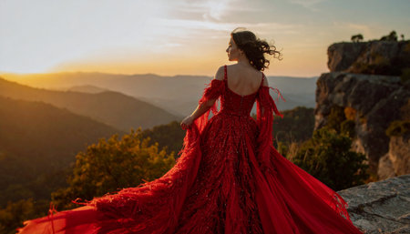 Beautiful woman in long red dress on the background of the mountainsの素材