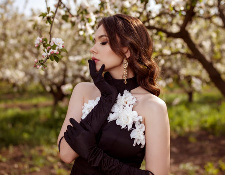 Portrait of a beautiful young brunette woman in black dress and gloves in blooming gardenの素材