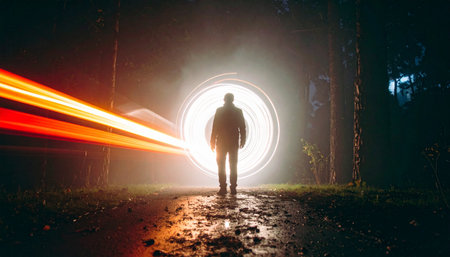 Silhouette of a man with a flashlight in the forest at nightの素材