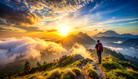 Hiker with backpack standing on the top of the mountain and enjoying beautiful sunrise.の素材
