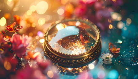 Jewelry box with beautiful flowers on bokeh background.の素材